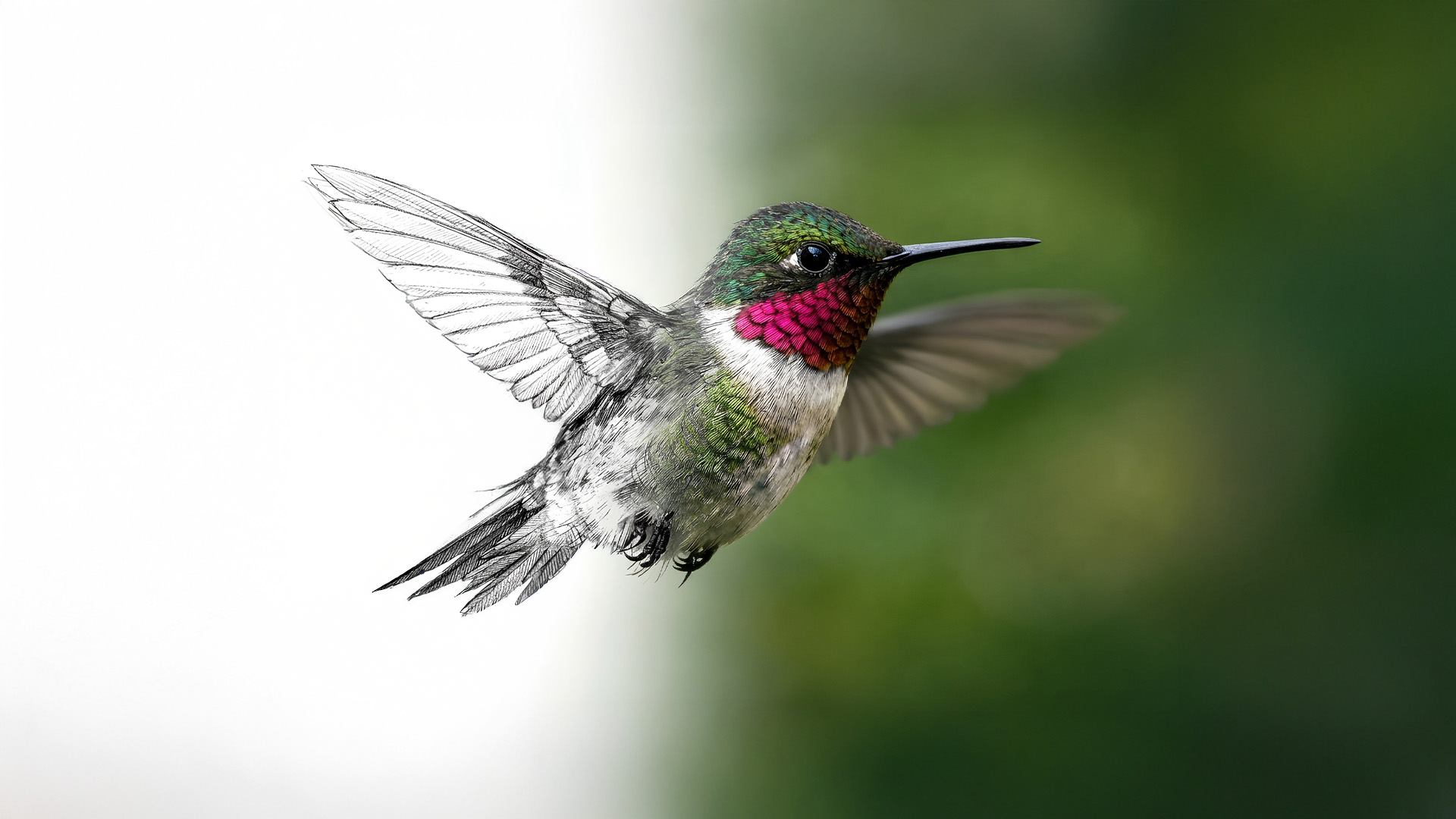 Kolibri im Flug mit halb skizzierter Darstellung als Symbol für ganzheitliche Heilmethoden und Ausbildung im Heilpraktiker Quartier, z. B. Aromatherapie Ausbildung.